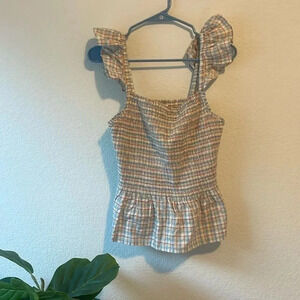 NWT Madewell Lucie size 8 plaid smocked peplum tank with ruffle sleeves